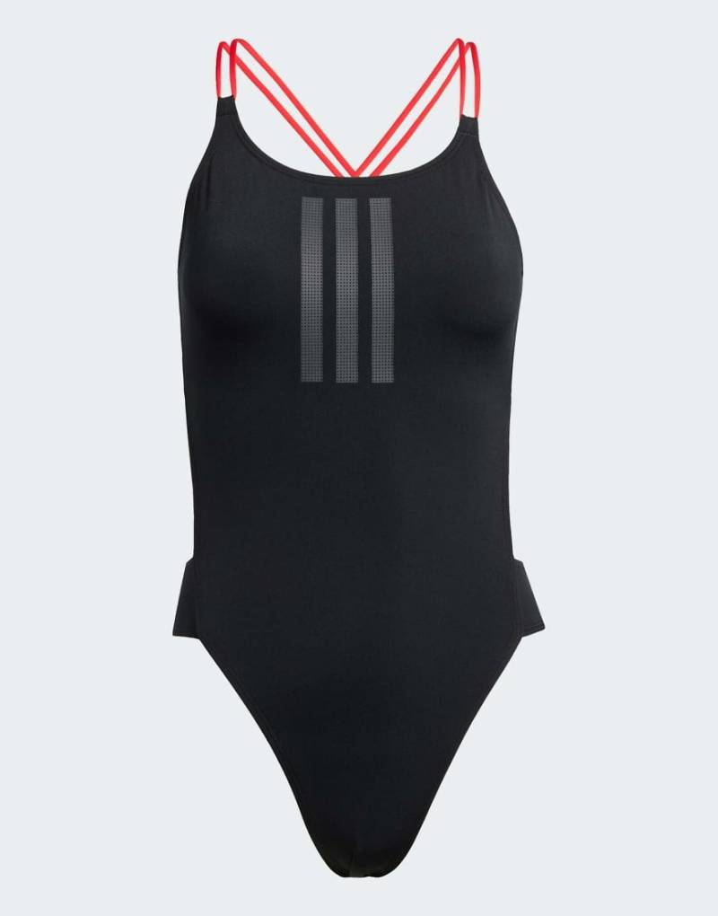 adidas Performance - Ripstream - Badeanzug in Schwarz und Pure Ruby mit 3-Streifen-Logo und Rückenträgern in X-Form von adidas performance