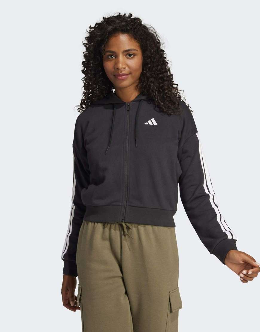 adidas performance - Essentials - Kapuzenjacke aus French Terry in Schwarz / Weiß mit den drei Streifen von adidas performance