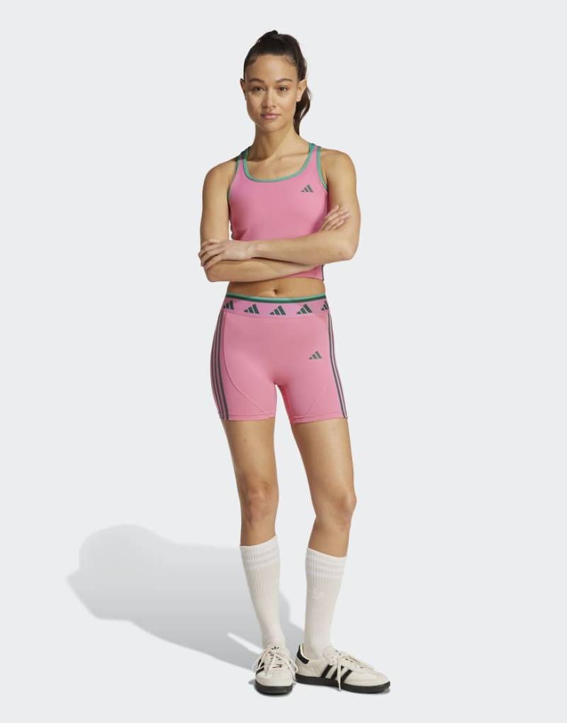 adidas performance - Hyperglam - Kurze Leggings in knalligem Pink Fusion/College-Grün, 5 Zoll Schrittlänge-Rosa von adidas performance
