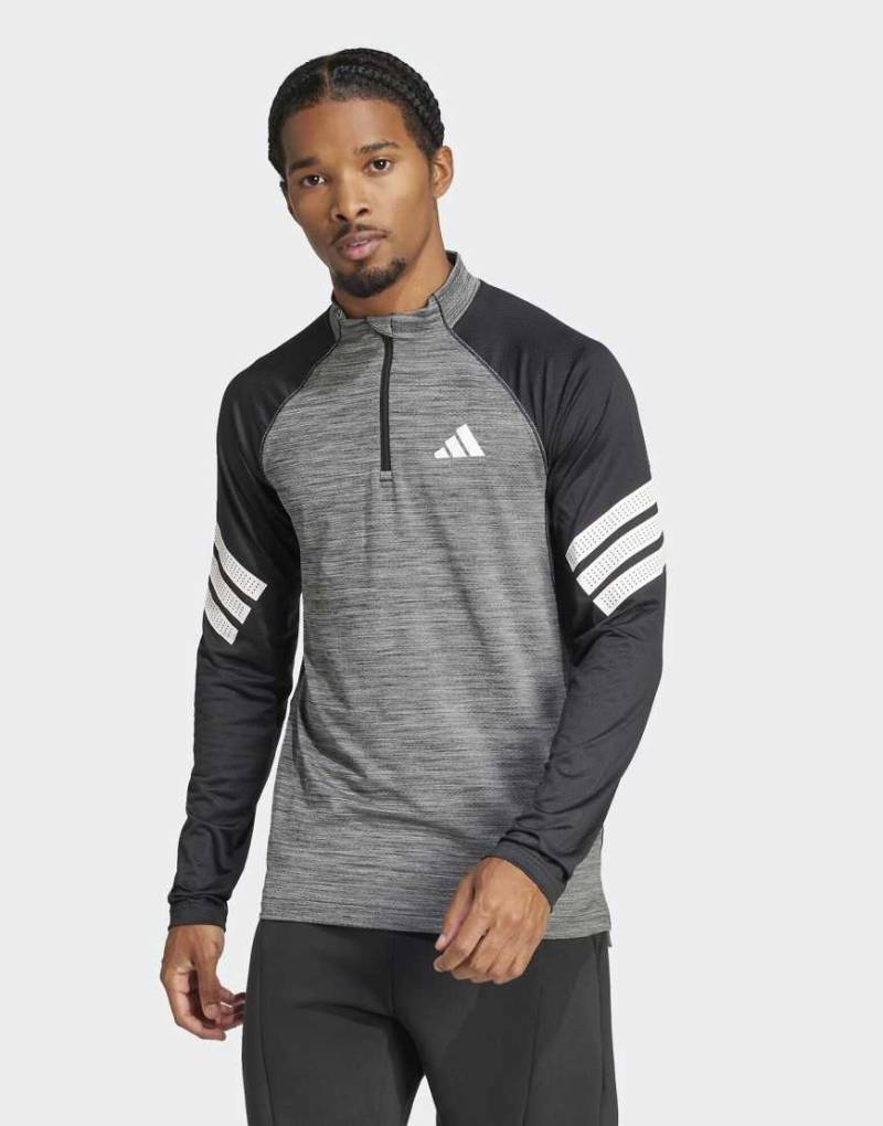 adidas performance - Icon - T-Shirt in meliertem Schwarz/Weiß mit drei Streifen und kurzem Reißverschluss von adidas performance