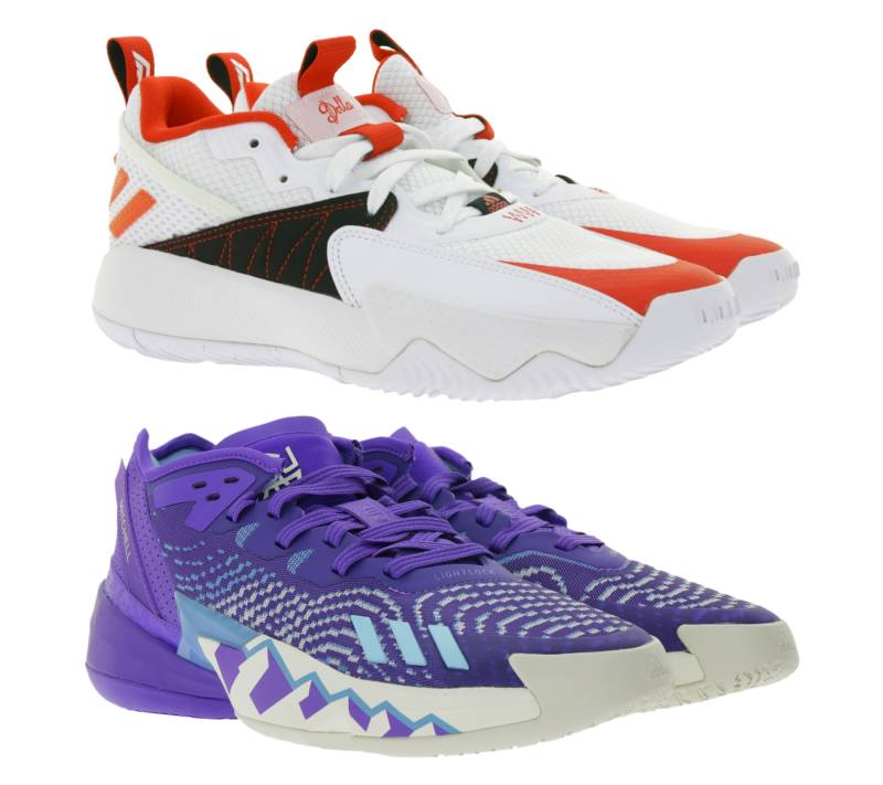 adidas Basketball-Schuhe nachhaltige Hallen-Schuhe mit Bounce Sohle GY8965 Dame Certified Extply 2.0 Damian Lillards Style Weiß/Rot oder HR0710 D.O.N. Issue 4 Donovan Mitchell Style Lila/Blau/Beige von adidas