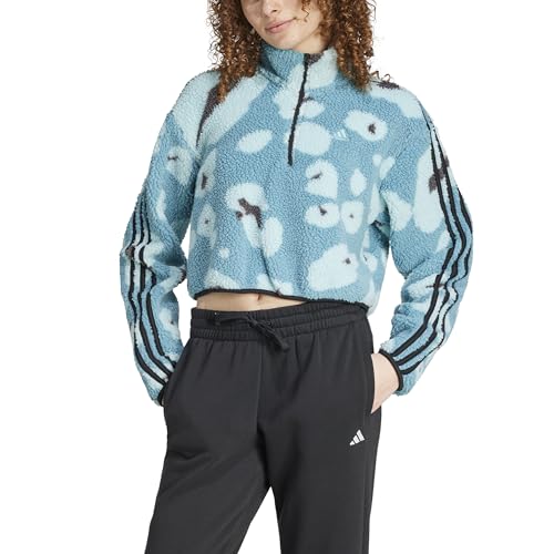 adidas Damen Essentials 3-Stripes Animal Print High Pile Cropped Quarter-Zip Top Sweatshirt, Schwarz/Mehrfarbig, L von adidas