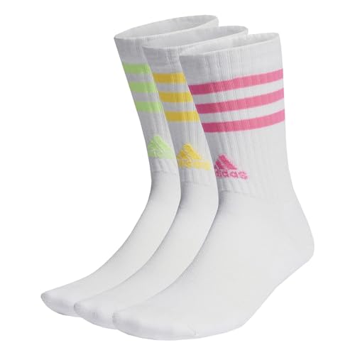 adidas Unisex 3-Stripes Cushioned 3 Pairs Crew-Socken, White/Lucid Pink/White/Spark, 7-8 Years (3er Pack) von adidas