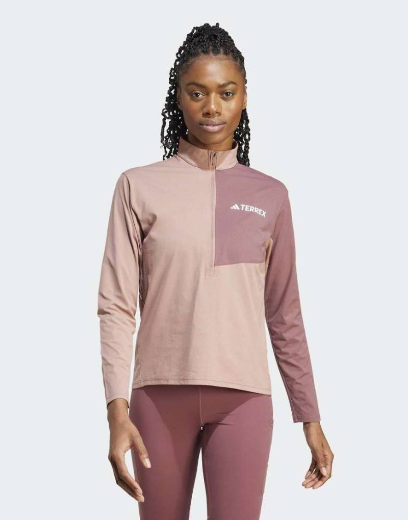 adidas Terrex - Multi Climacool - Langärmliges T-Shirt in Warm Clay mit kurzem Reißverschluss-Braun von adidas