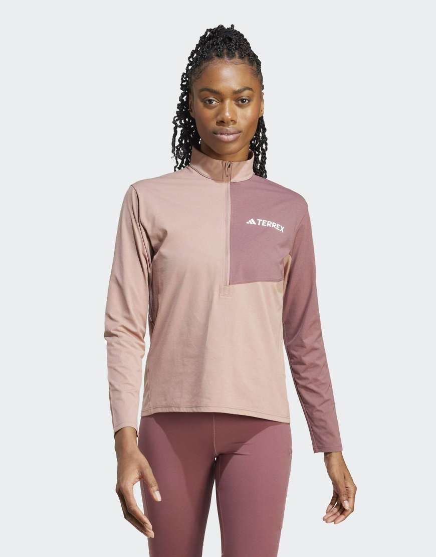 adidas Terrex - Multi Climacool - Langärmliges T-Shirt in Warm Clay mit kurzem Reißverschluss-Braun von adidas