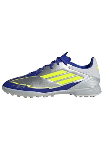 adidas Unisex F50 League Football Boots Turf Fußballschuhe, Silver Metallic/Solar Yellow/Lucid Blue, 46 EU von adidas