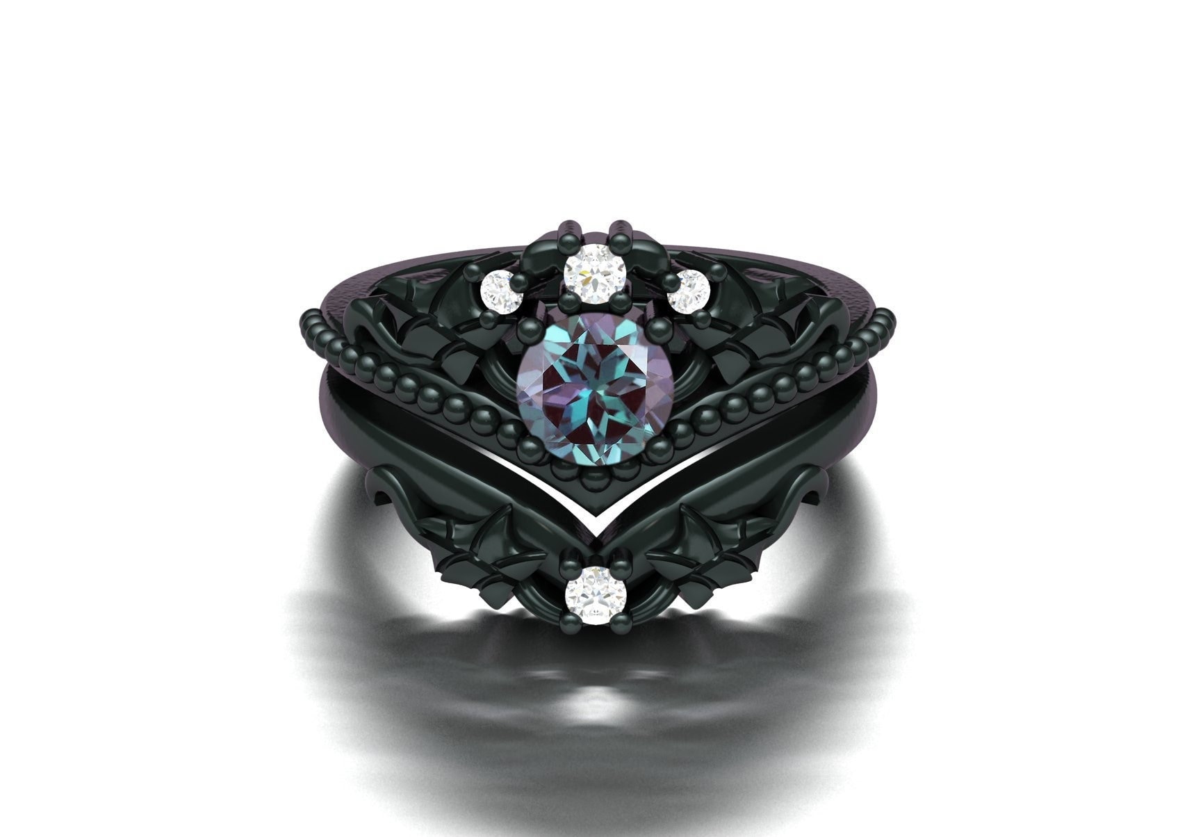 Alexandrit Rundschliff Verlobungsring, Natur Inspirierte Blatt Ringe, Schwarze Rhodium Ehering, Vintage Versprechen Ringe Frauen von admjewelrystore