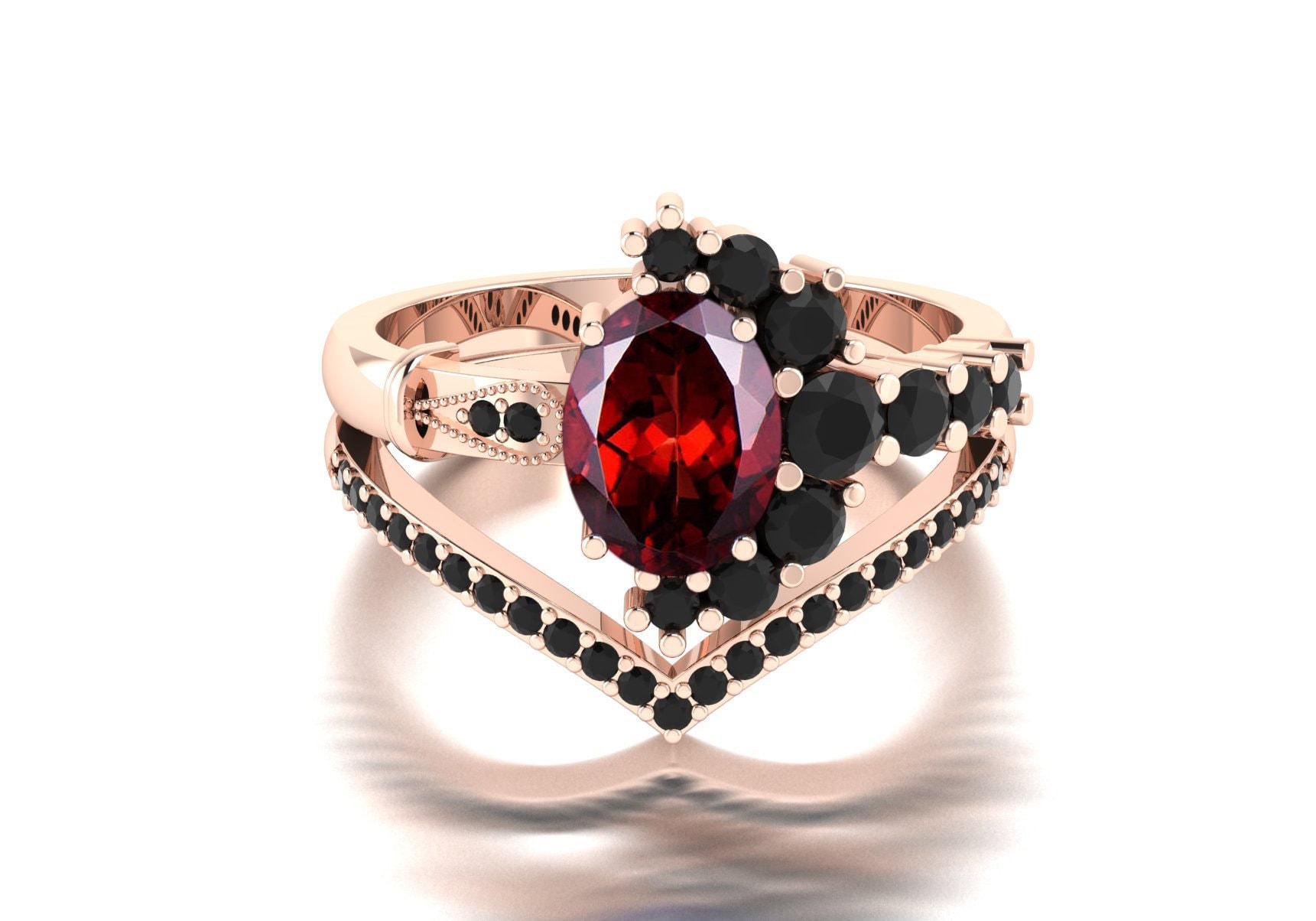 Einzigartige 2 Stück Roter Granat Verlobungsring Art Deco Vintage Schwarzer Onyx Set Rosegold Ring Ehering Frau Hochzeit Braut-Set von admjewelrystore