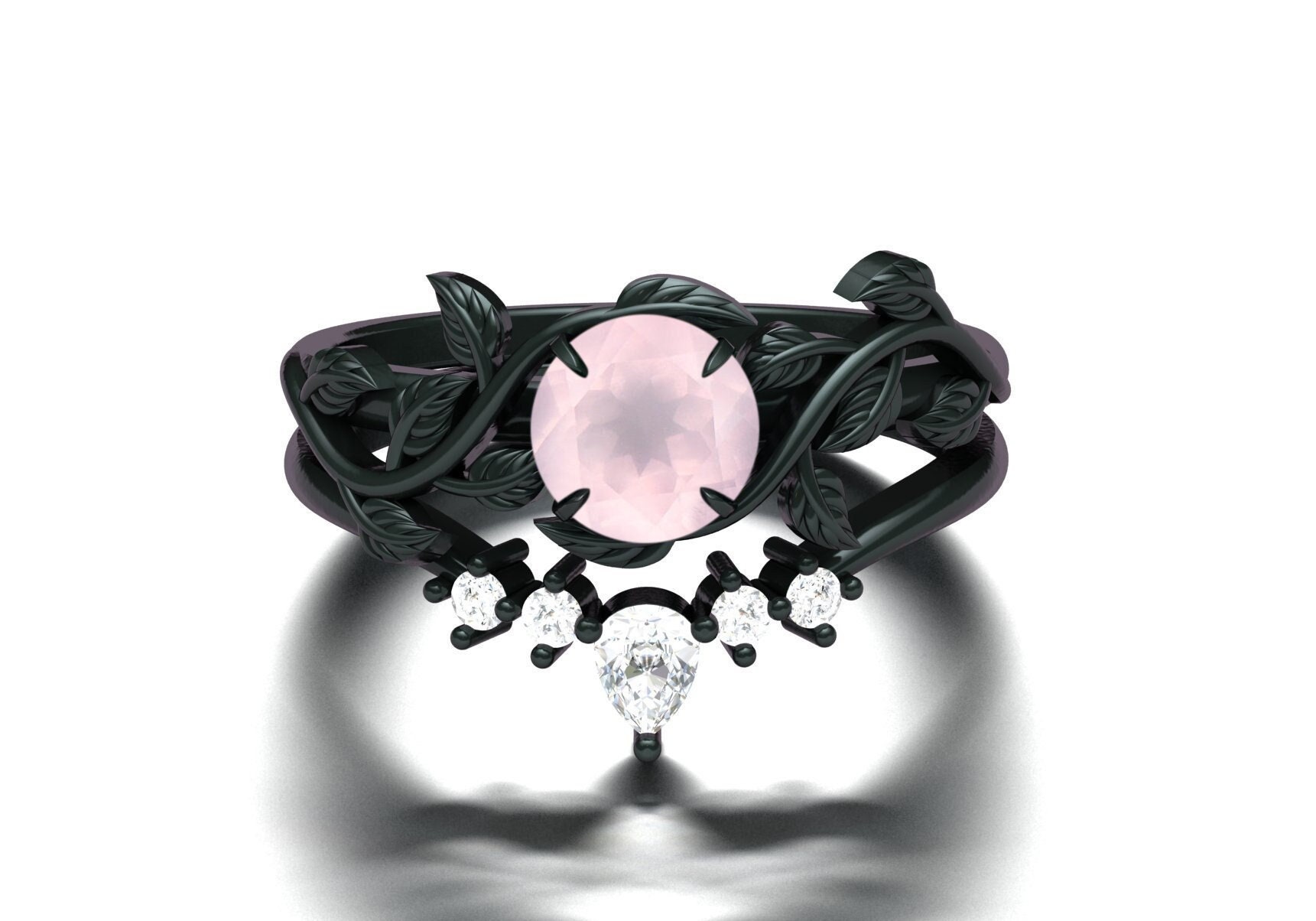 Einzigartige Blatt Design Ring Rosenquarz Verlobungsring Schwarz Rhodium Versprechen Art Deco Jahrestag Geschenk Runden Schnitt Für Ihren von admjewelrystore