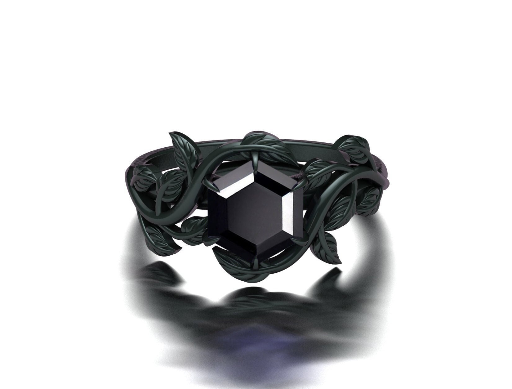 Einzigartige Schwarzer Onyx Verlobungsring Set Hexagon Cut Hochzeit Ring Personalisierte Für Frauen, Blatt Verlobungsring, Geschenk Ihren von admjewelrystore