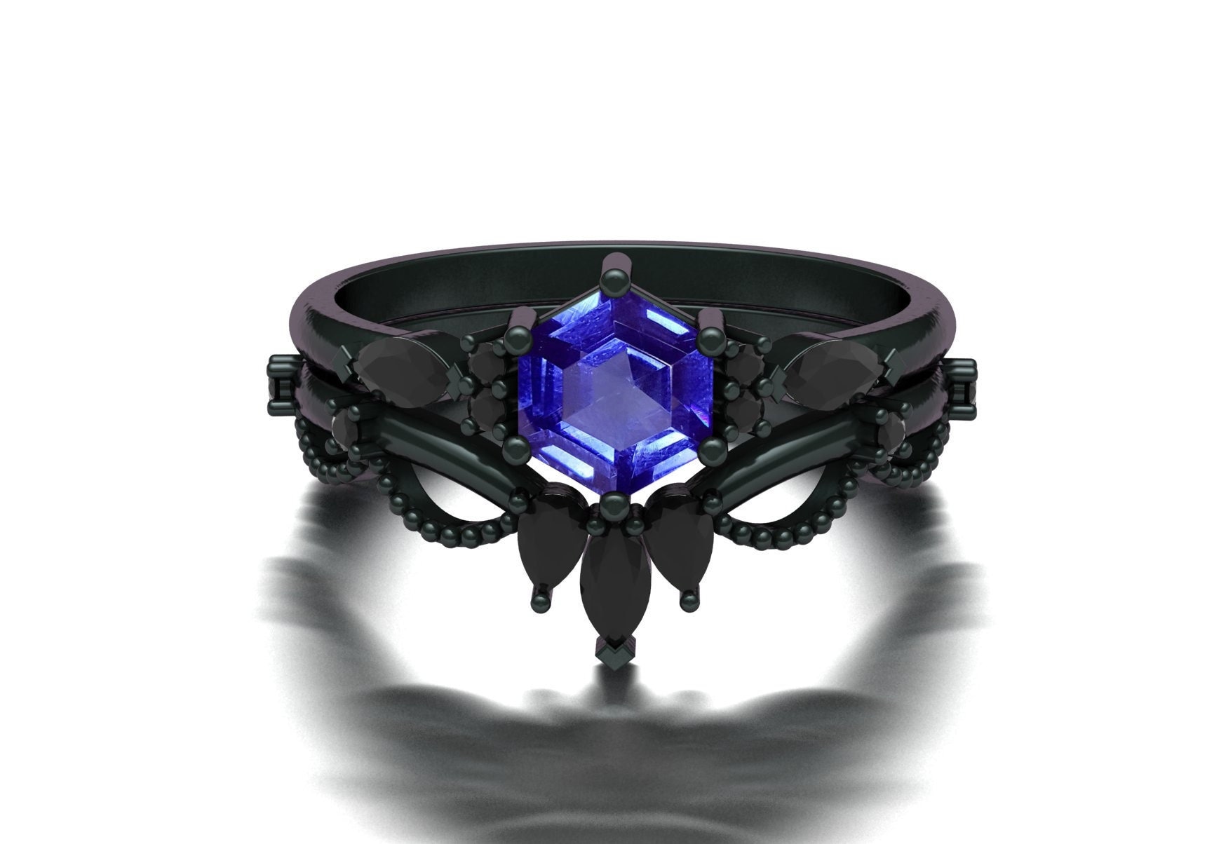 Hexagon Cut Tanzanite Verlobungsring Tansanit Ring Birne Schwarz Onyx Bandring Blau Rose Gold Einzigartiges Geschenk Für Frauen-Set von admjewelrystore