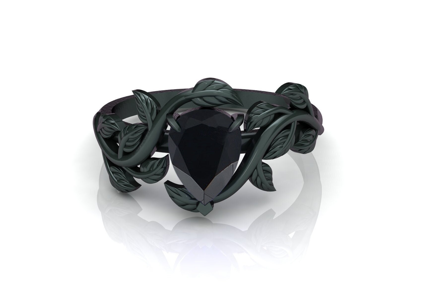 Solitär-Verlobungsringe Aus Schwarzem Onyx Für Damen, Art-Deco-Blatt-Design-Ringe, Schwarze Edelstein-Eheringe, Rhodium-sterlingsilberringe von admjewelrystore