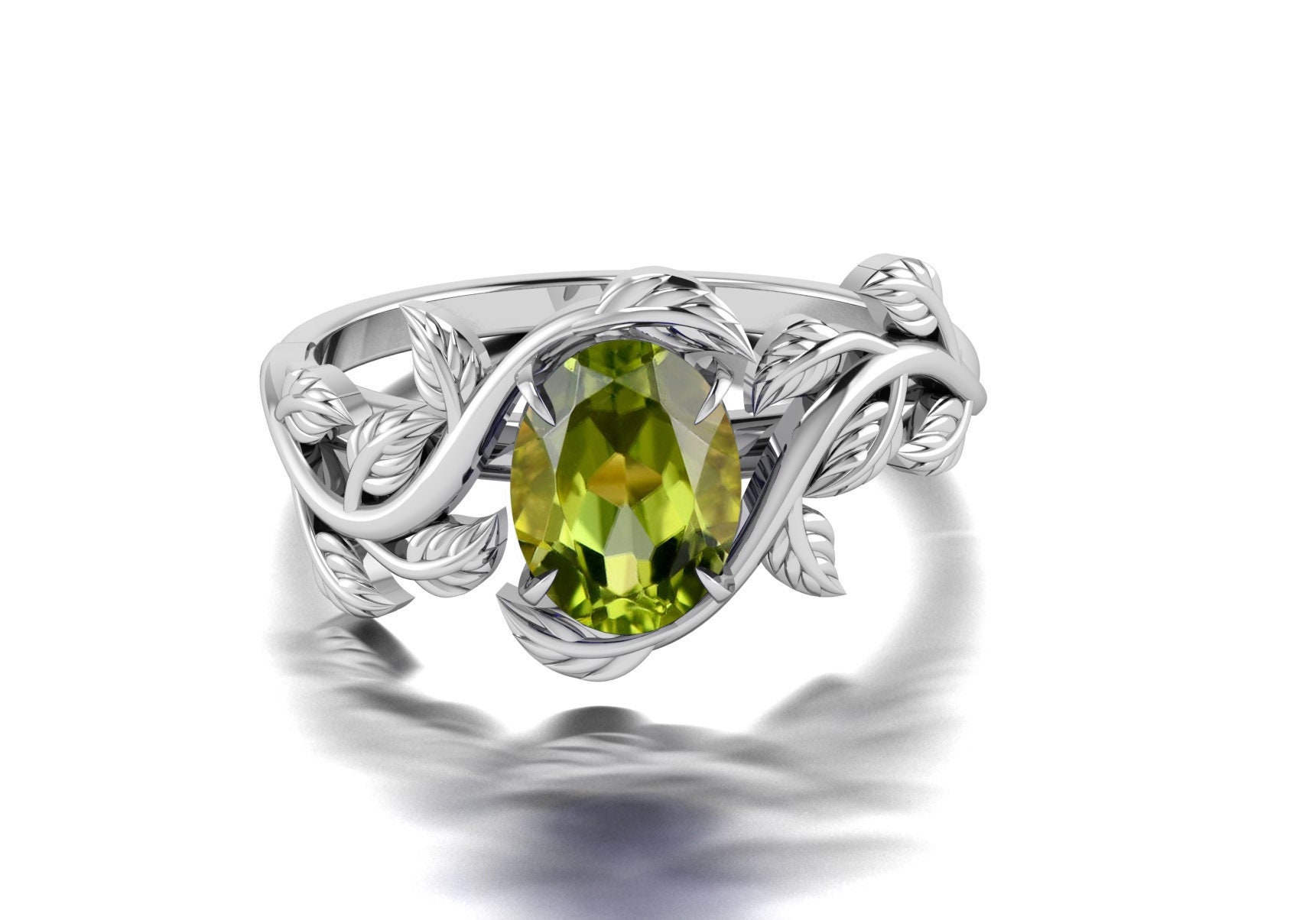 Vintage Peridot Versprechen Ring Für Sie, Zierliche Ring, Rhodium Verlobungsring, Grün Weinblatt Frau von admjewelrystore