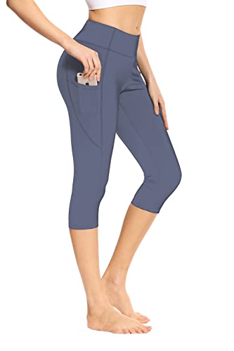 adorence Leggings Damen 3/4, Capri Leggings Damen mit Tasche, Sporthose Damen 3/4 (Yogahose, High Waist, Blickdichte)-Graublau,3XL von adorence