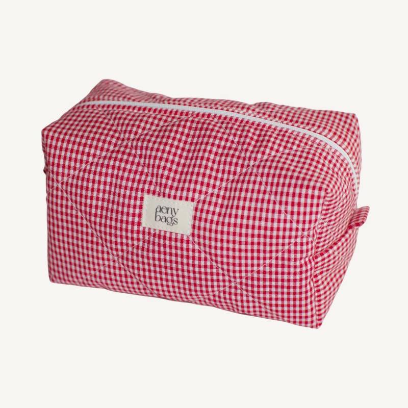 Gesteppte Kosmetiktasche Rot Karo Aus Stoff | Schminktasche Kulturtasche in Klein, Mittel, Groß Tasche Für Make-Up & Pflege von aenybags