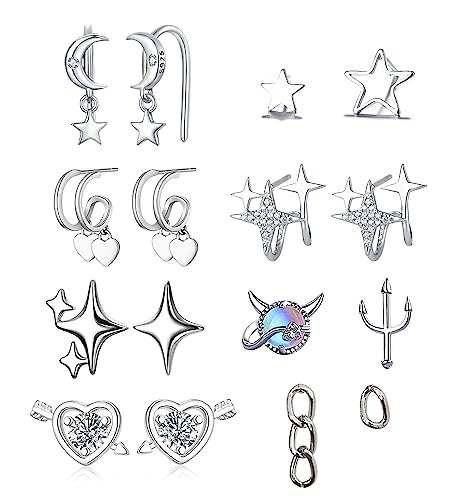 AESDOX Silber Ohrstecker für Frauen Mädchen - Sterlingsilber Ohrringe mit Stern, Mond, Herz, Teufel und Gabel Design - 16 Stück - Schmuck - Ohrringe von aesdox