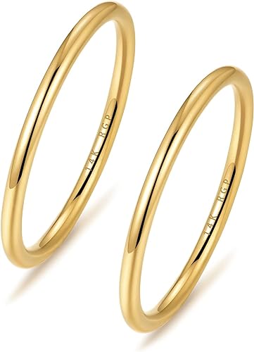 aesdox 14K Gold Gefüllte Ringe für Frauen, 1.5mm Dünner, Stapelbarer Goldring für Mädchen, Zierlicher Süßer Stapel Ehering, 2 Stück Größe 15.75 von aesdox