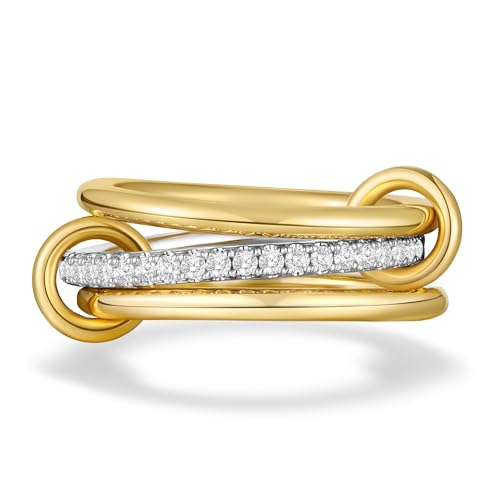 aesdox 14K Gold plattierte, ineinandergreifende und stapelbare Ringe für Damen, Zweifarbige Statement Link Ringe mit mehreren Bändern, Silber CZ, Größe 48 von aesdox
