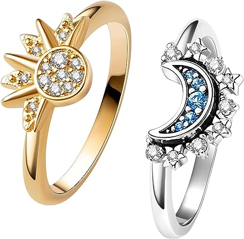 aesdox Himmlisches Sonne- und Mondring-Set, Funkelnder Sonnenring/Blauer Mondring mit 14K Vergoldet oder Versilbert, Stapelbare Himmelsringe, Geschenk für Frauen Mädchen, Größe 17.25 von aesdox