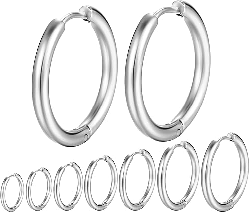 aesdox Hypoallergene kleine Creolen für Unisex 7 Paar Set, Chirurgischer Stahl Hoops Ohrring Sets für Piercings, Silber von aesdox