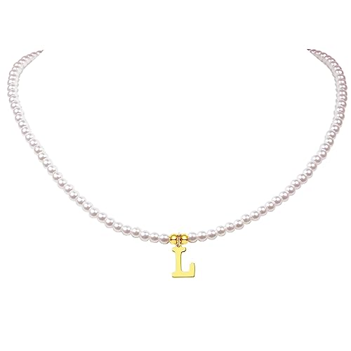 aesdox Initiale Perle Choker Halskette für Frauen Mädchen, Faux Perle Brief Halsketten für Mädchen (L) von aesdox