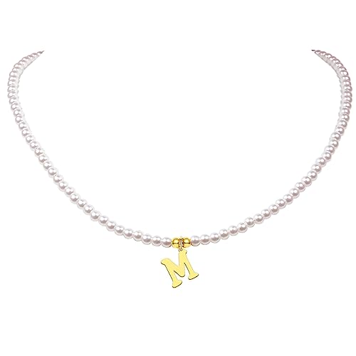 aesdox Initiale Perle Choker Halskette für Frauen Mädchen, Faux Perle Brief Halsketten für Mädchen (M) von aesdox