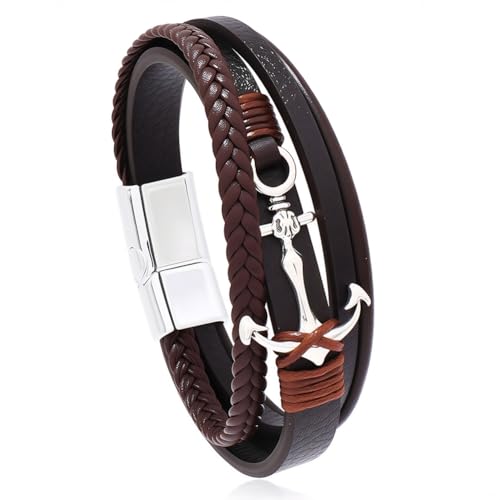 aesdox Leder Wrap Armbänder für Frauen, Boho Leopard mehrschichtige Kristallperlen Manschette Armband Schmuck Geschenk (Anker Braun) von aesdox