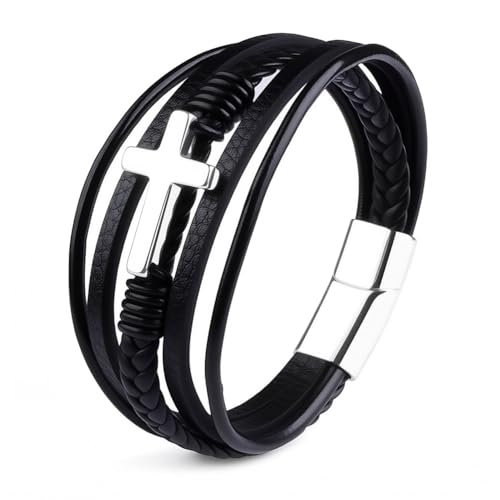 aesdox Leder Wrap Armbänder für Frauen, Boho Leopard mehrschichtige Kristallperlen Manschette Armband Schmuck Geschenk (Kreuz Schwarz) von aesdox