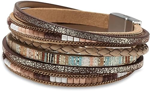 aesdox Leder Armband für Frauen Damen, Leopard mehrschichtige Kristallperlen Manschette Armbänder Geschenk von aesdox