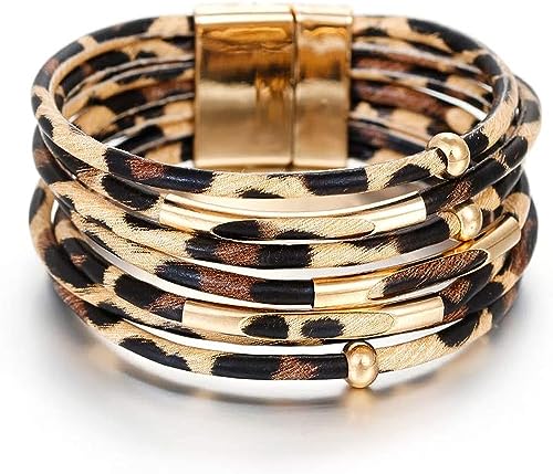 aesdox Leder Wrap Armbänder für Frauen, Boho Leopard mehrschichtige Kristallperlen Manschette Armband Schmuck Geschenk von aesdox