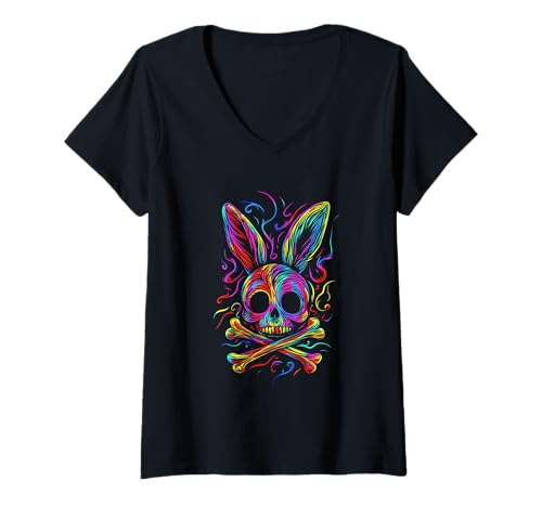 Damen Goth Farbiger Hase mit Knochen Gothic Pastel T-Shirt mit V-Ausschnitt Damen Goth Farbiger Hase mit Knochen Gothic Pastel T-Shirt mit V-Ausschnitt von aesthetic gothic pastel & grunge outfits