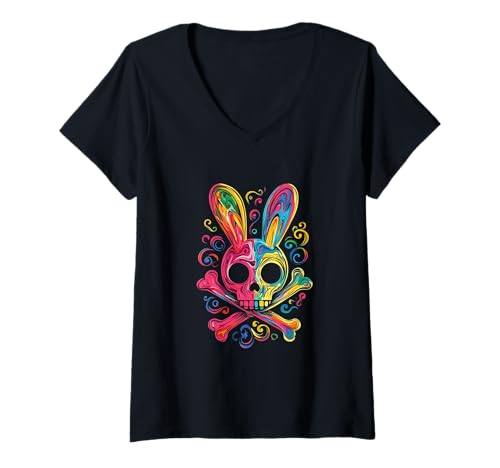 Damen Goth Farbiger Hase mit Knochen Gothic Pastel T-Shirt mit V-Ausschnitt von aesthetic gothic pastel & grunge outfits