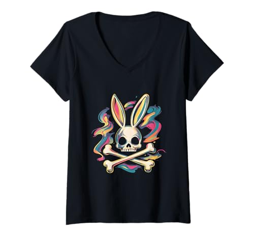 Damen Goth Farbiger Hase mit Knochen Gothic Pastel T-Shirt mit V-Ausschnitt Damen Goth Farbiger Hase mit Knochen Gothic Pastel T-Shirt mit V-Ausschnitt von aesthetic gothic pastel & grunge outfits