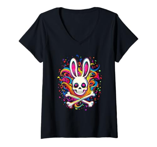 Damen Goth Farbiger Hase mit Knochen Gothic Pastel T-Shirt mit V-Ausschnitt Damen Goth Farbiger Hase mit Knochen Gothic Pastel T-Shirt mit V-Ausschnitt von aesthetic gothic pastel & grunge outfits