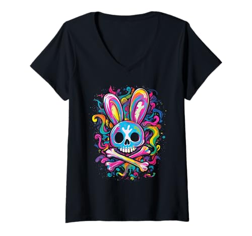 Damen Goth Farbiger Hase mit Knochen Gothic Pastel T-Shirt mit V-Ausschnitt Damen Goth Farbiger Hase mit Knochen Gothic Pastel T-Shirt mit V-Ausschnitt von aesthetic gothic pastel & grunge outfits