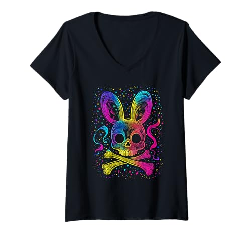 Damen Goth Farbiger Hase mit Knochen Gothic Pastel T-Shirt mit V-Ausschnitt von aesthetic gothic pastel & grunge outfits