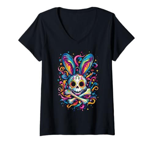 Damen Goth Farbiger Hase mit Knochen Gothic Pastel T-Shirt mit V-Ausschnitt Damen Goth Farbiger Hase mit Knochen Gothic Pastel T-Shirt mit V-Ausschnitt von aesthetic gothic pastel & grunge outfits