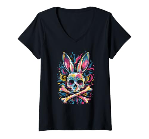 Damen Goth Farbiger Hase mit Knochen Gothic Pastel T-Shirt mit V-Ausschnitt Damen Goth Farbiger Hase mit Knochen Gothic Pastel T-Shirt mit V-Ausschnitt von aesthetic gothic pastel & grunge outfits