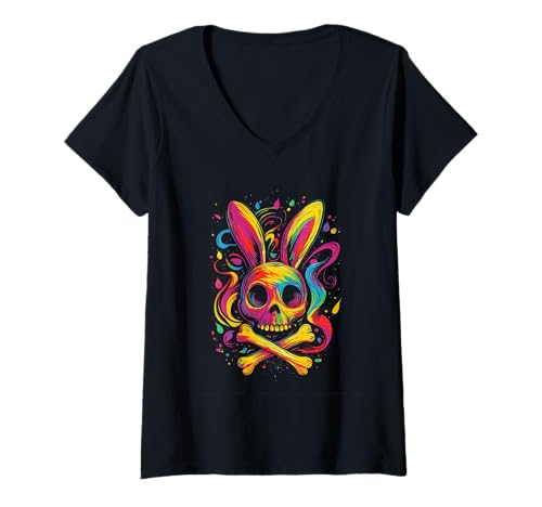 Damen Goth Farbiger Hase mit Knochen Gothic Pastel T-Shirt mit V-Ausschnitt Damen Goth Farbiger Hase mit Knochen Gothic Pastel T-Shirt mit V-Ausschnitt von aesthetic gothic pastel & grunge outfits