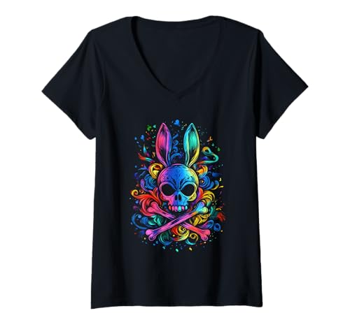 Damen Goth Farbiger Hase mit Knochen Gothic Pastel T-Shirt mit V-Ausschnitt von aesthetic gothic pastel & grunge outfits