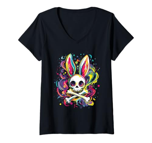 Damen Goth Farbiger Hase mit Knochen Gothic Pastel T-Shirt mit V-Ausschnitt Damen Goth Farbiger Hase mit Knochen Gothic Pastel T-Shirt mit V-Ausschnitt von aesthetic gothic pastel & grunge outfits