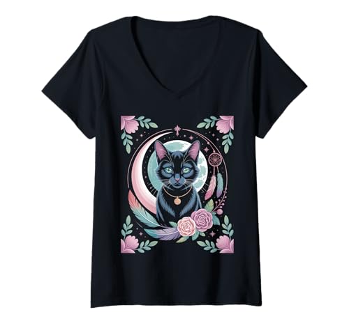 Damen Goth Katze Mond Mondphase Traumfänger Cottagecore Pastel T-Shirt mit V-Ausschnitt von aesthetic gothic pastel & grunge outfits