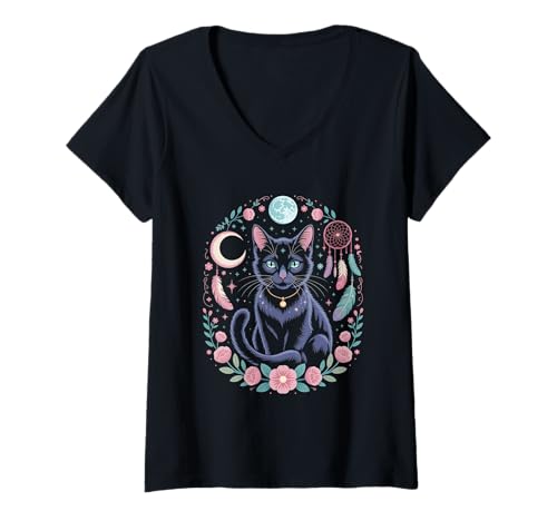 Damen Goth Katze Mond Mondphase Traumfänger Cottagecore Pastel T-Shirt mit V-Ausschnitt Damen Goth Katze Mond Mondphase Traumfänger Cottagecore Pastel T-Shirt mit V-Ausschnitt von aesthetic gothic pastel & grunge outfits