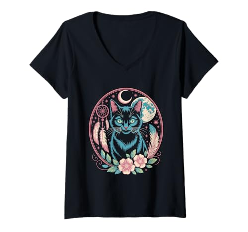 Damen Goth Katze Mond Mondphase Traumfänger Cottagecore Pastel T-Shirt mit V-Ausschnitt von aesthetic gothic pastel & grunge outfits