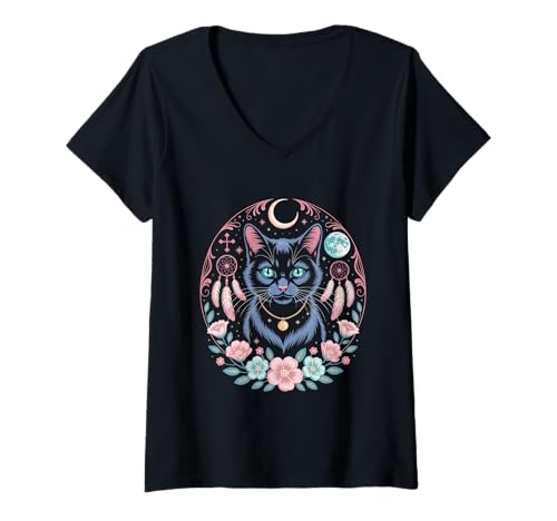 Damen Goth Katze Mond Mondphase Traumfänger Cottagecore Pastel T-Shirt mit V-Ausschnitt Damen Goth Katze Mond Mondphase Traumfänger Cottagecore Pastel T-Shirt mit V-Ausschnitt von aesthetic gothic pastel & grunge outfits
