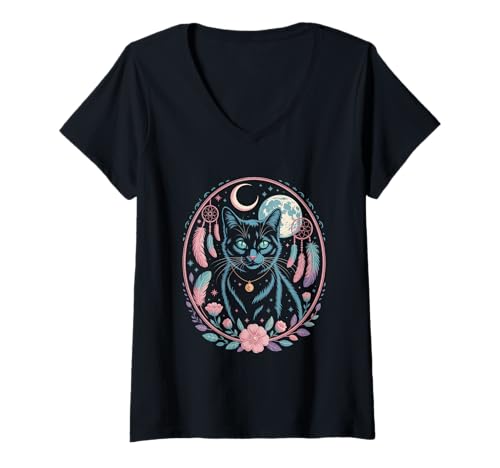 Damen Goth Katze Mond Mondphase Traumfänger Cottagecore Pastel T-Shirt mit V-Ausschnitt Damen Goth Katze Mond Mondphase Traumfänger Cottagecore Pastel T-Shirt mit V-Ausschnitt von aesthetic gothic pastel & grunge outfits