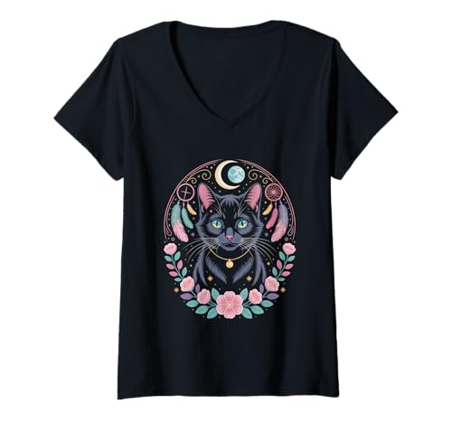 Damen Goth Katze Mond Mondphase Traumfänger Cottagecore Pastel T-Shirt mit V-Ausschnitt von aesthetic gothic pastel & grunge outfits