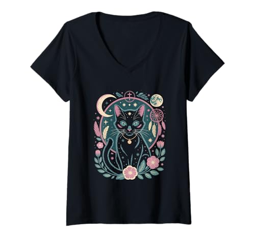 Damen Goth Katze Mond Mondphase Traumfänger Cottagecore Pastel T-Shirt mit V-Ausschnitt von aesthetic gothic pastel & grunge outfits