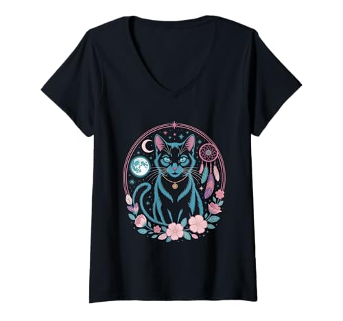 Damen Goth Katze Mond Mondphase Traumfänger Cottagecore Pastel T-Shirt mit V-Ausschnitt Damen Goth Katze Mond Mondphase Traumfänger Cottagecore Pastel T-Shirt mit V-Ausschnitt von aesthetic gothic pastel & grunge outfits