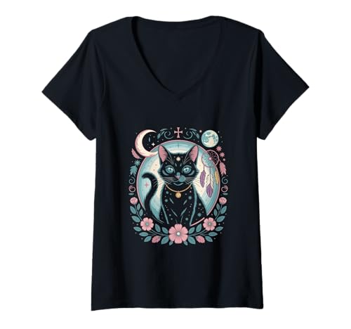 Damen Goth Katze Mond Mondphase Traumfänger Cottagecore Pastel T-Shirt mit V-Ausschnitt von aesthetic gothic pastel & grunge outfits